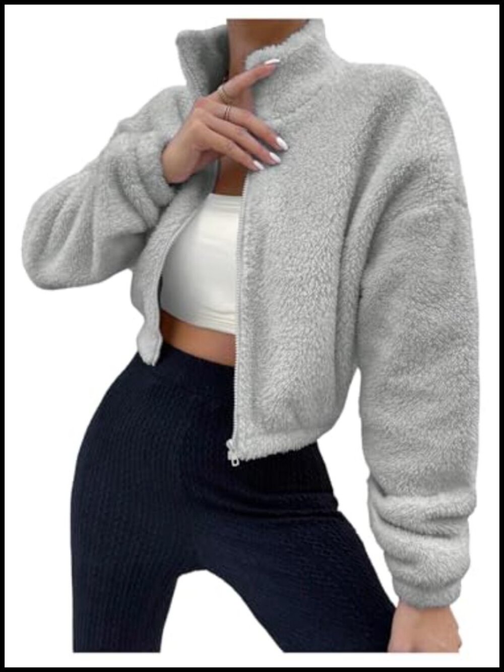 Womens Faux Fur Zip Up Cropped Jacket Fuzzy Teddy Long Sleeve Outerwear